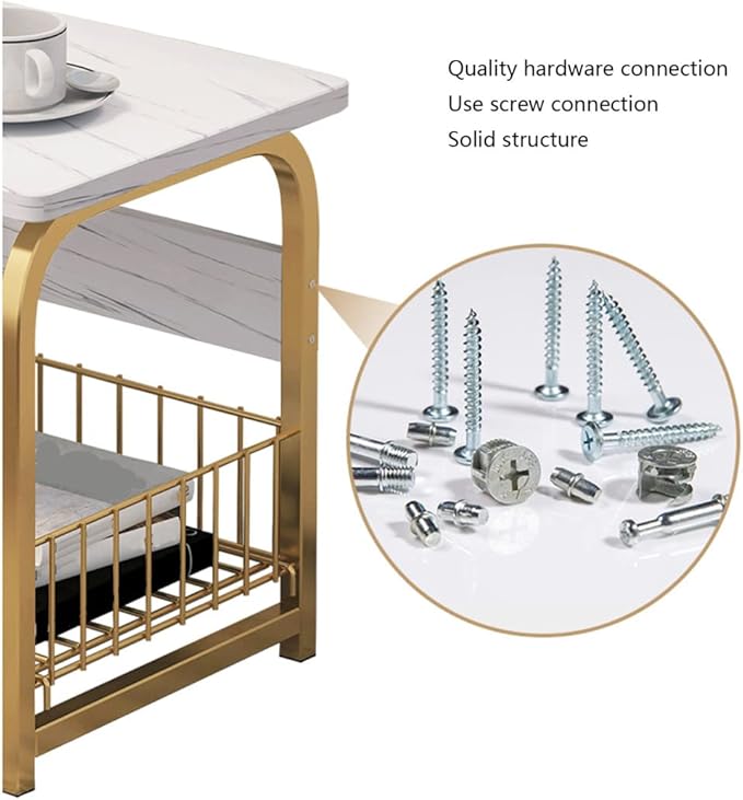 Masa Laterala Moderna 40×30×62 cm cu Cadru Auriu si Rafturi din Marmura Alba