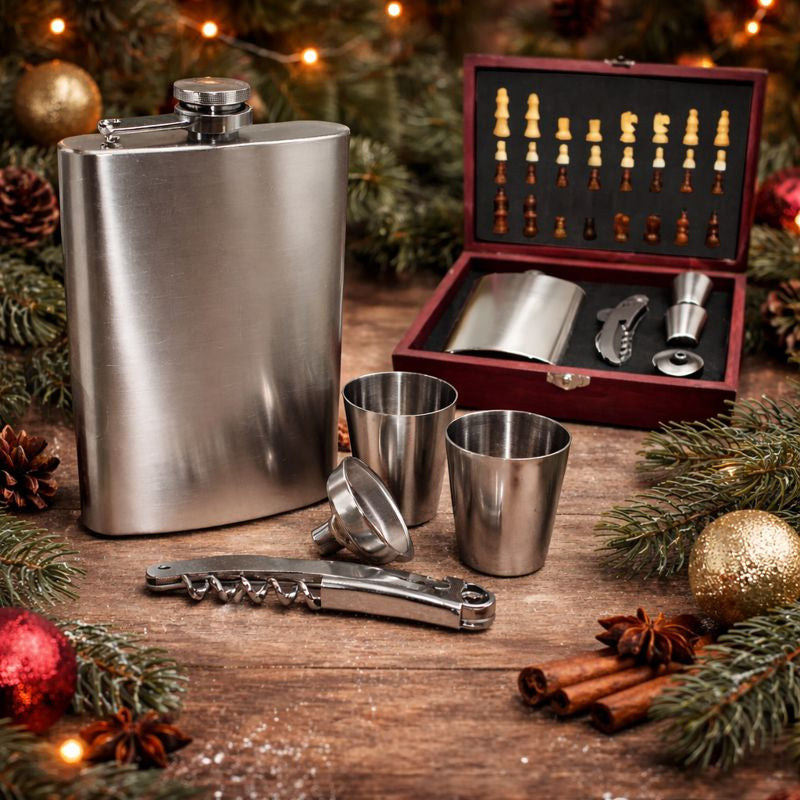 Set cadou sah cu recipient buzunar, 2 shot-uri, tirbuson, inox