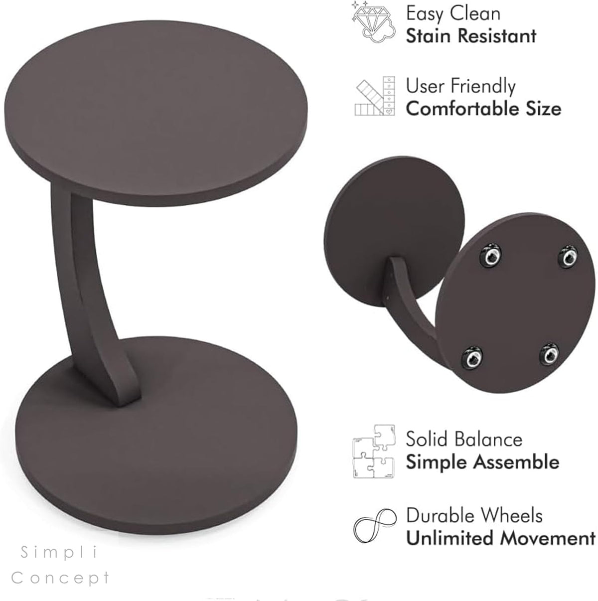 Masuta de cafea rotunda cu roti, din PAL melaminat – 38 cm diametru, 56 cm inaltime