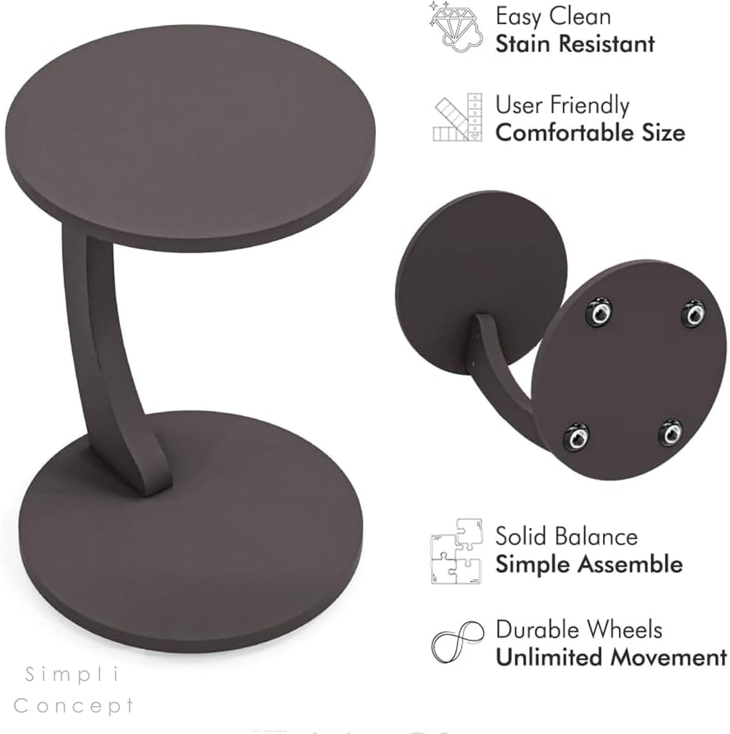 Masuta de cafea rotunda cu roti, din PAL melaminat – 38 cm diametru, 56 cm inaltime