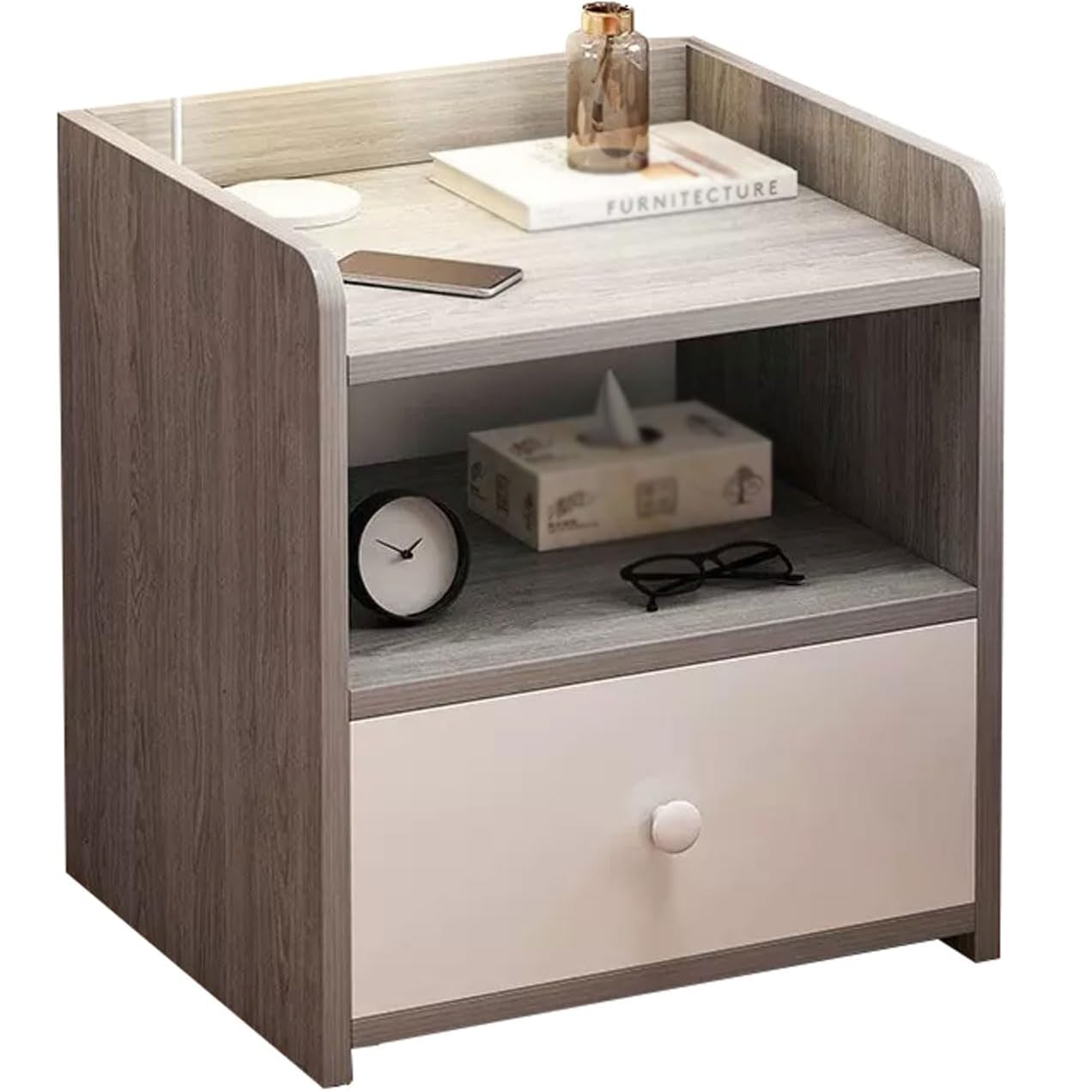 Noptiera PAL minimalista cu sertar si raft, 40x32x42cm, alb/gri