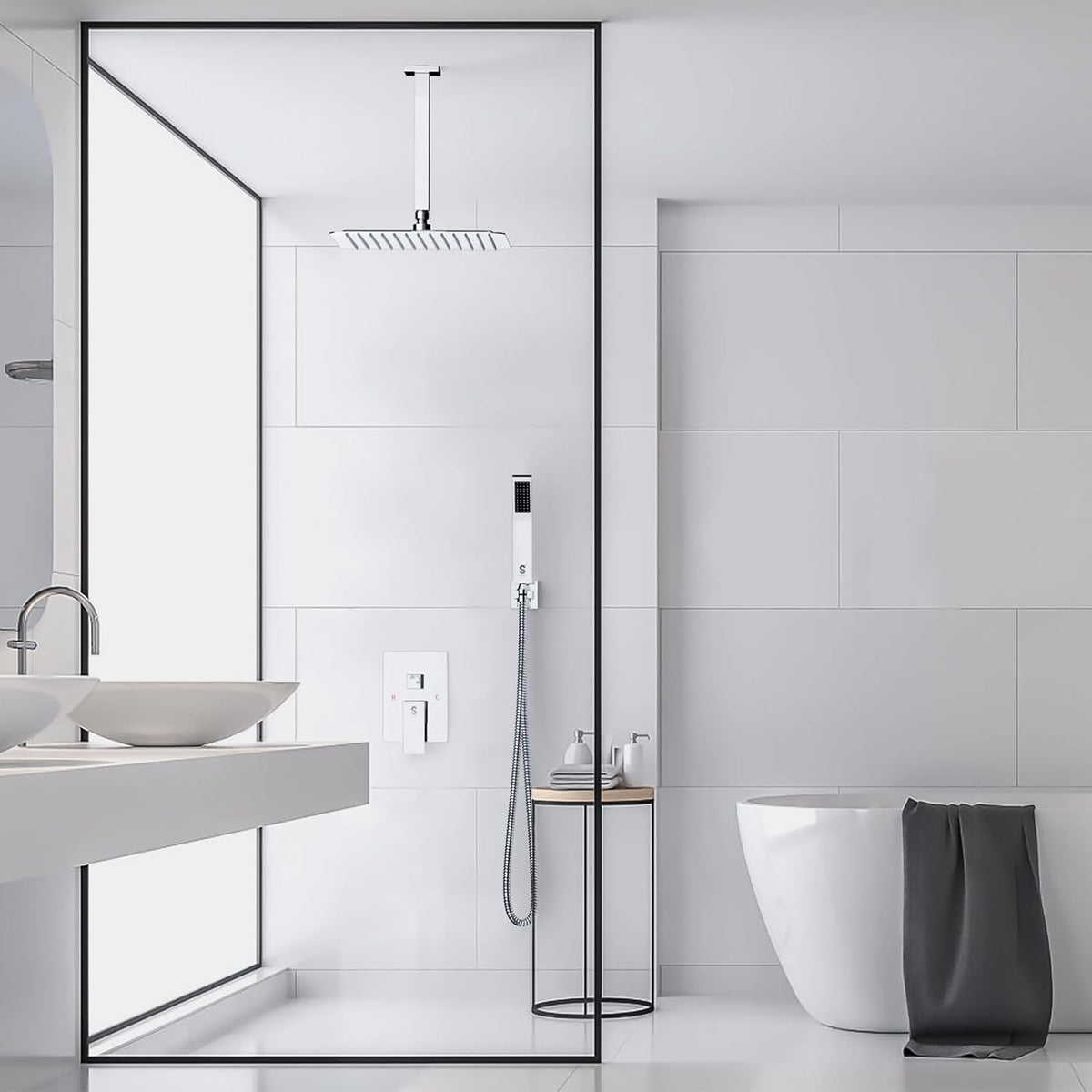 Set de dus incastrat cu para patrata de 25 cm, negru mat sau gri, cu 2 functii de curgere a apei