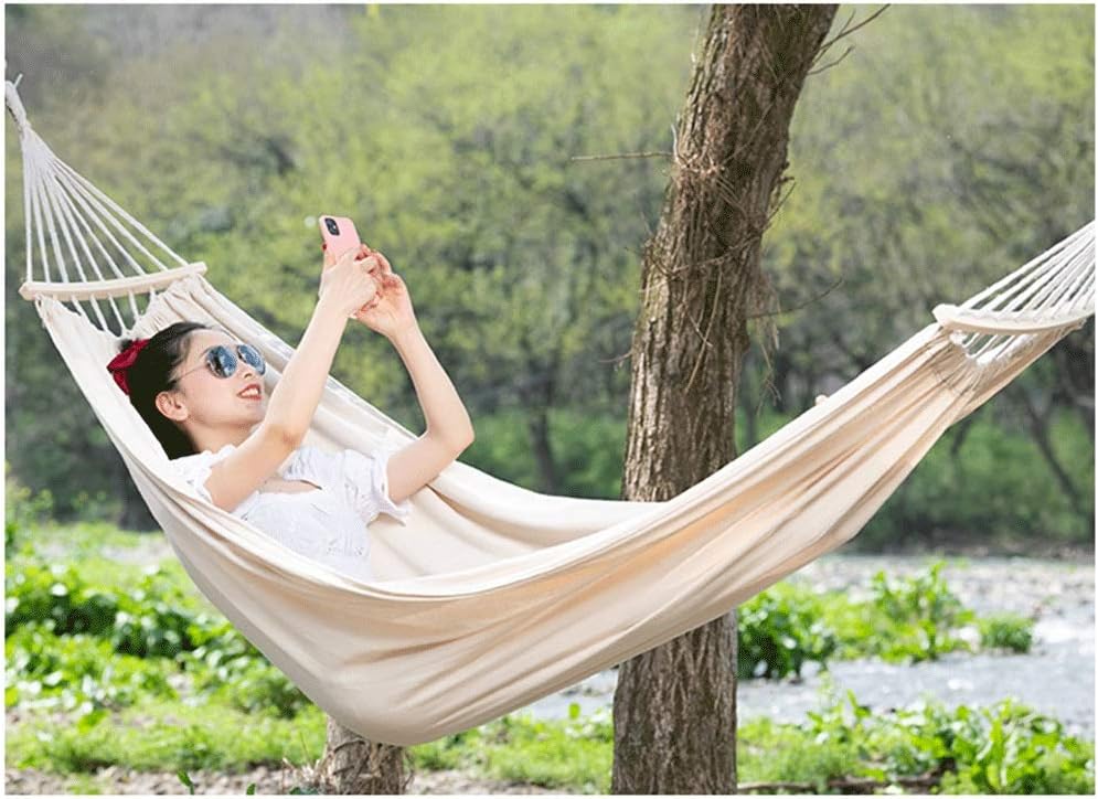 Hamac crem 200x150 cm pentru 1 persoana – cu carlige, franghii si sac de transport