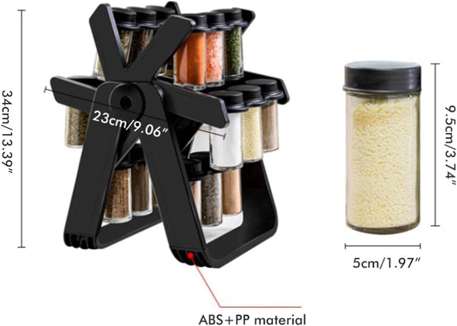Set 18 recipiente condimente cu suport rotativ, 34x23 cm, pivotant 360°,  negru