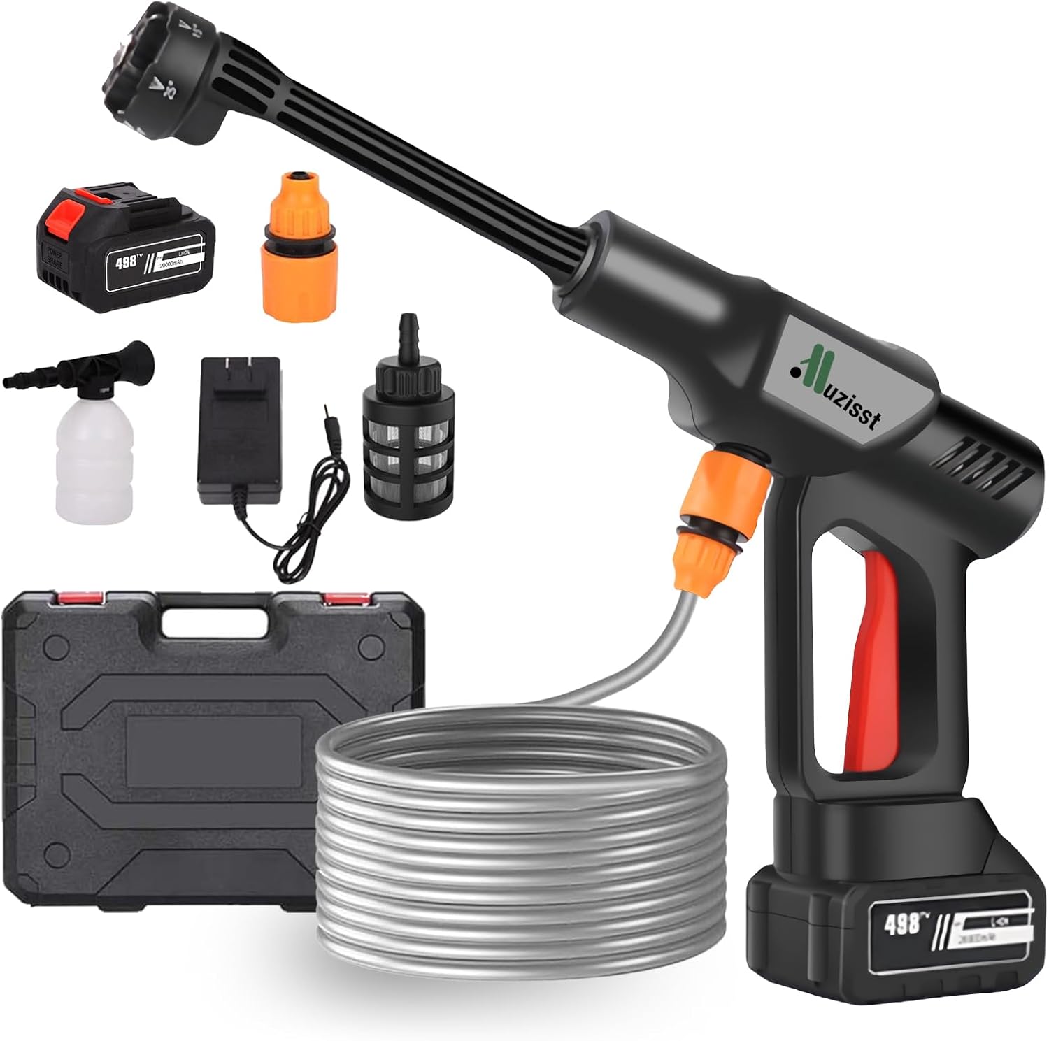 Pistol Portabil de Spalat Auto cu Baterie 21V – Presiune Ridicată, Jet Reglabil, cu Furtun și Filtru