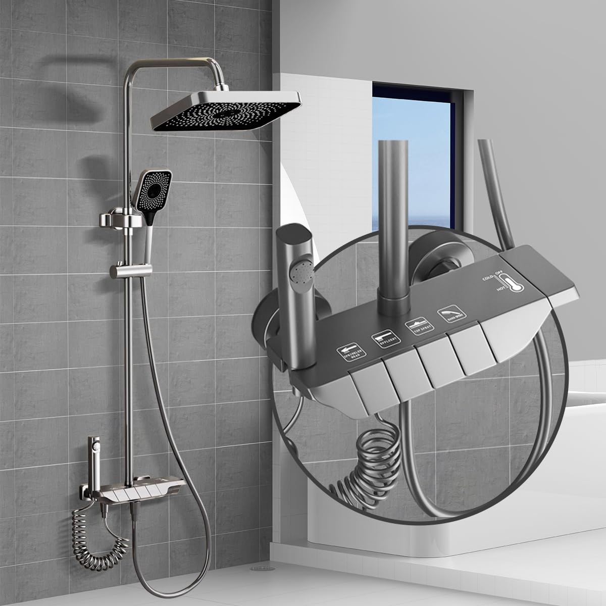 Set Coloana Dus Premium, Alama Cupru, 4 Functii, Butoane Piano, Gri Grafit, Tip Ploaie