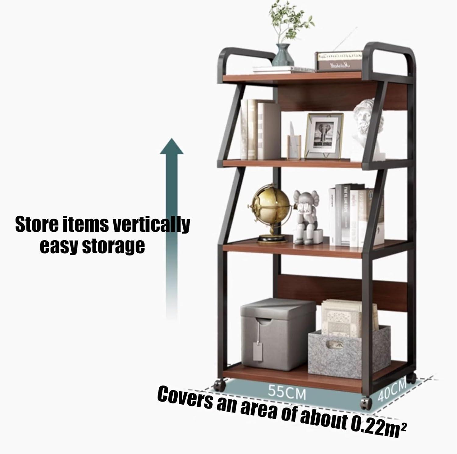 Raft multifunctional cu roti pentru birou, 4 niveluri, cadru metalic, blat MDF, 55x40x131 cm