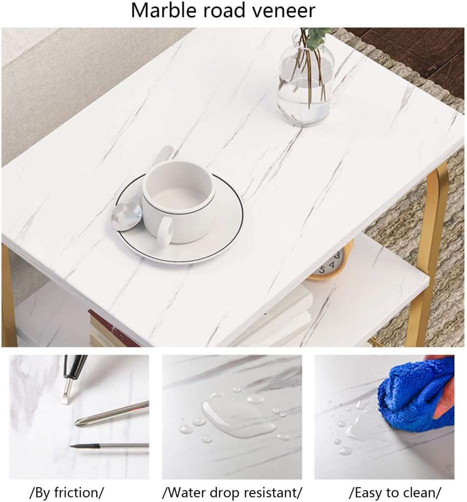 Masa Laterala Moderna 40×30×62 cm cu Cadru Auriu si Rafturi din Marmura Alba