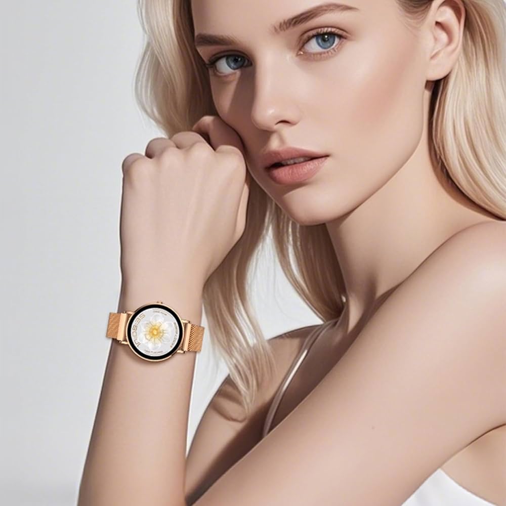 Ceas Smartwatch Dama ELLA PRO Vivendo®, Ecran AMOLED 1.32", Fitness, Apel Bluetooth, Notificari Limba Romana, ChatGPT AI, Incarcare Wireless, Rezistent Apa IP68, 2 Curele Incluse