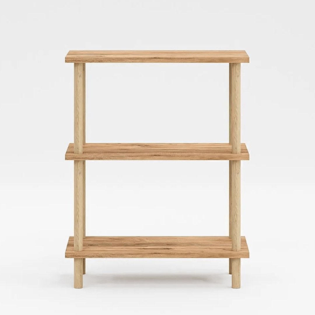 Etajera decorativa cu 3 rafturi si picioare din lemn – ideala ca biblioteca sau masuta laterala