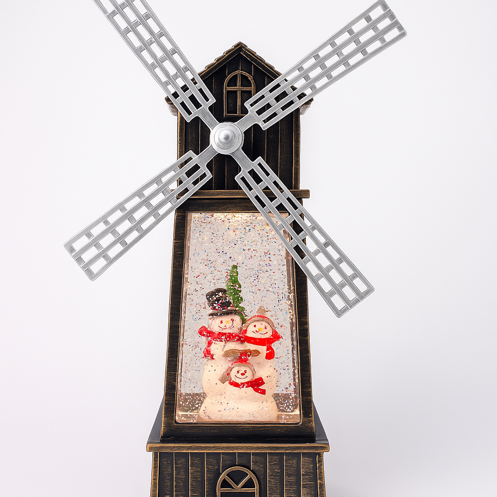 Decoratiune Craciun, Figurina Moara de Vant cu Mos Craciun, functie muzicala, zapada in miscare, cu baterii, Negru/Auriu, 3 Modele