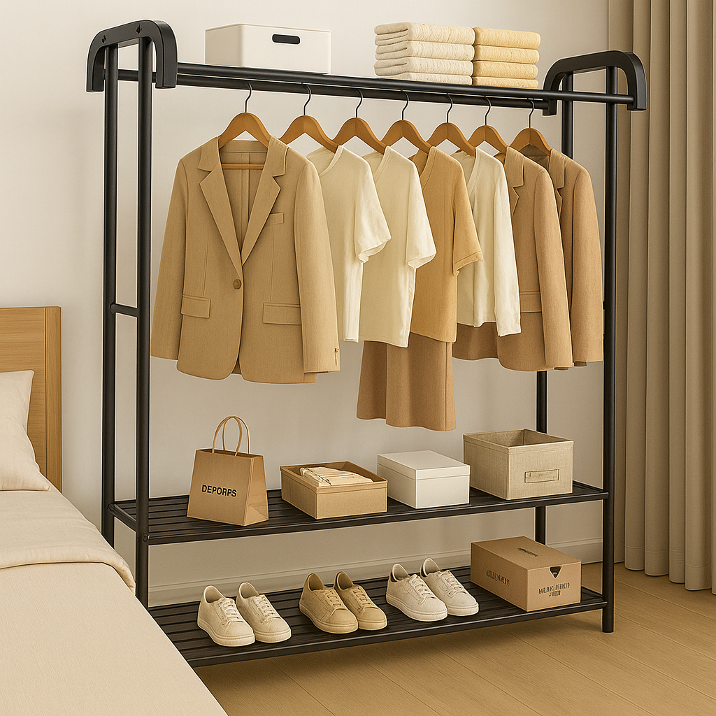 Suport dublu de umerase pentru haine, cu 2 suporti de pantofi, din metal, cu raft depozitare deasupra – 70KG greutate maxima, 150 x 110 x 50cm