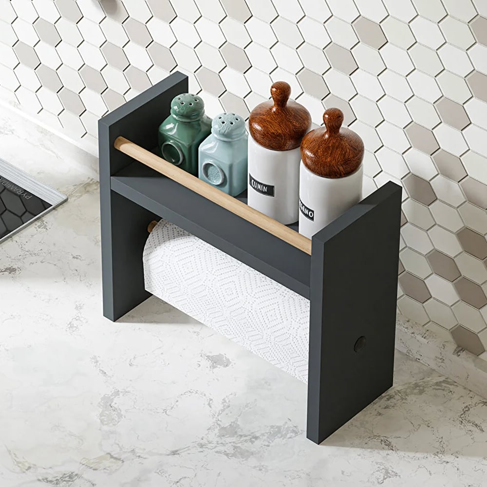 Raft lemn bucatarie 2 in 1 cu suport prosop hartie, organizator condimente, 30x13.5x29 cm