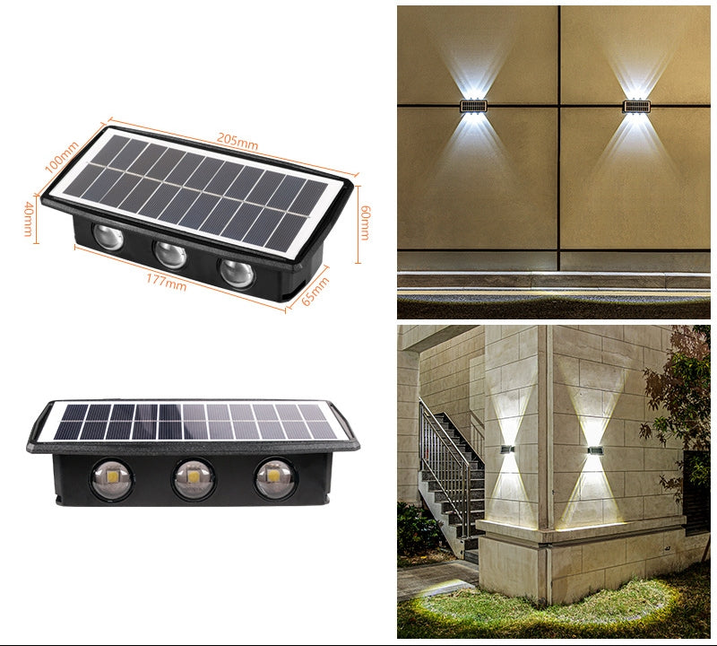 Lampa solara LED bidirectionala dreptunghiulara pentru perete , 20.5x10 cm, 6 LED-uri, 5.5V, , rezistent la apa IP65, alb cald