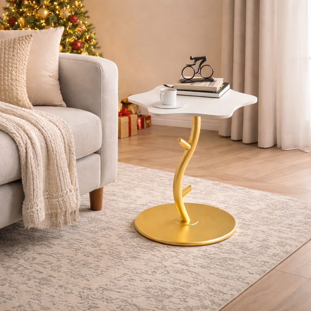 Masuta decorativa moderna, design petala, blat curbat, suport metalic auriu 45 x 50 CM