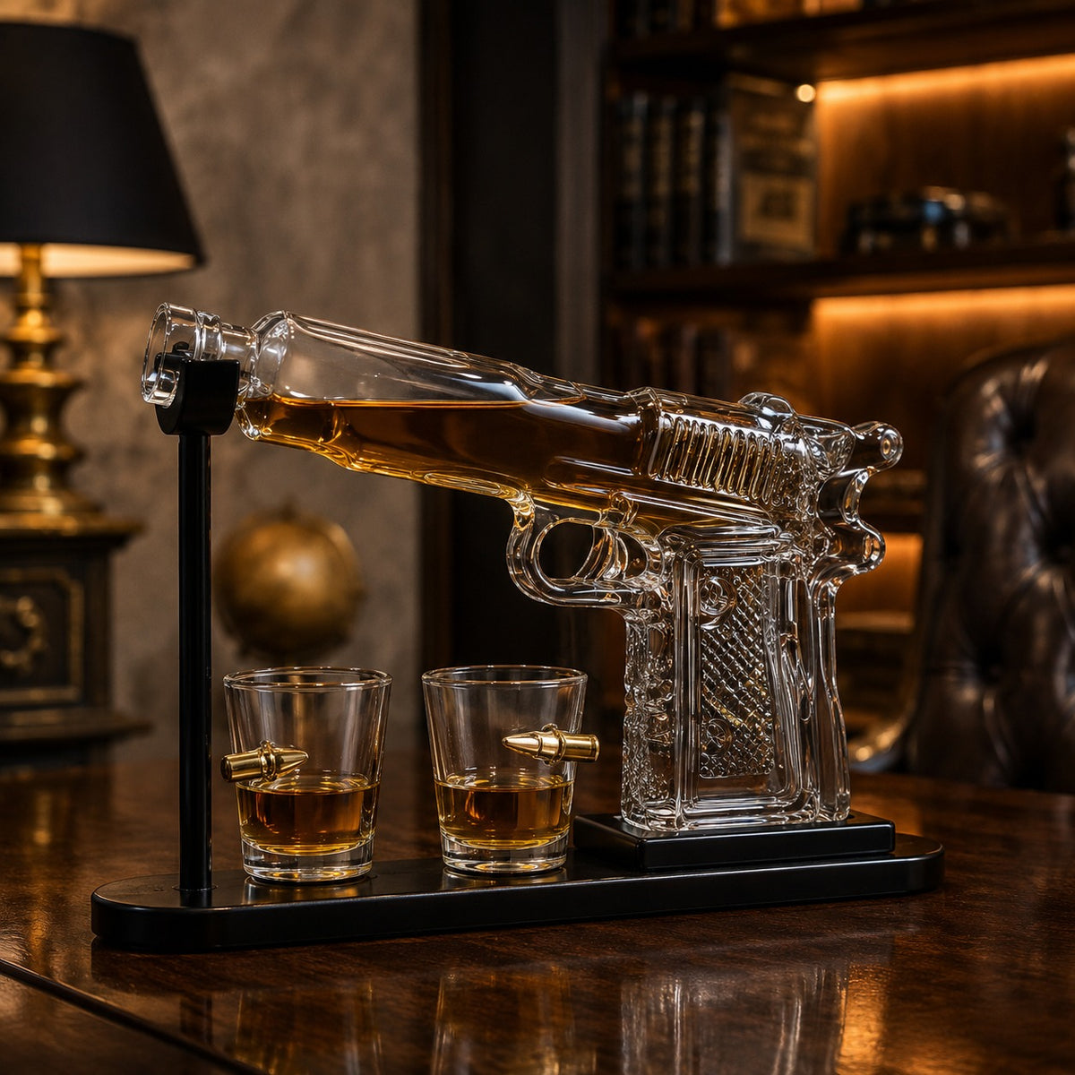 Set Decantor Bauturi  Forma Pistol si Gloante 220ml/50ml Sticla Lemn - detaliu produs