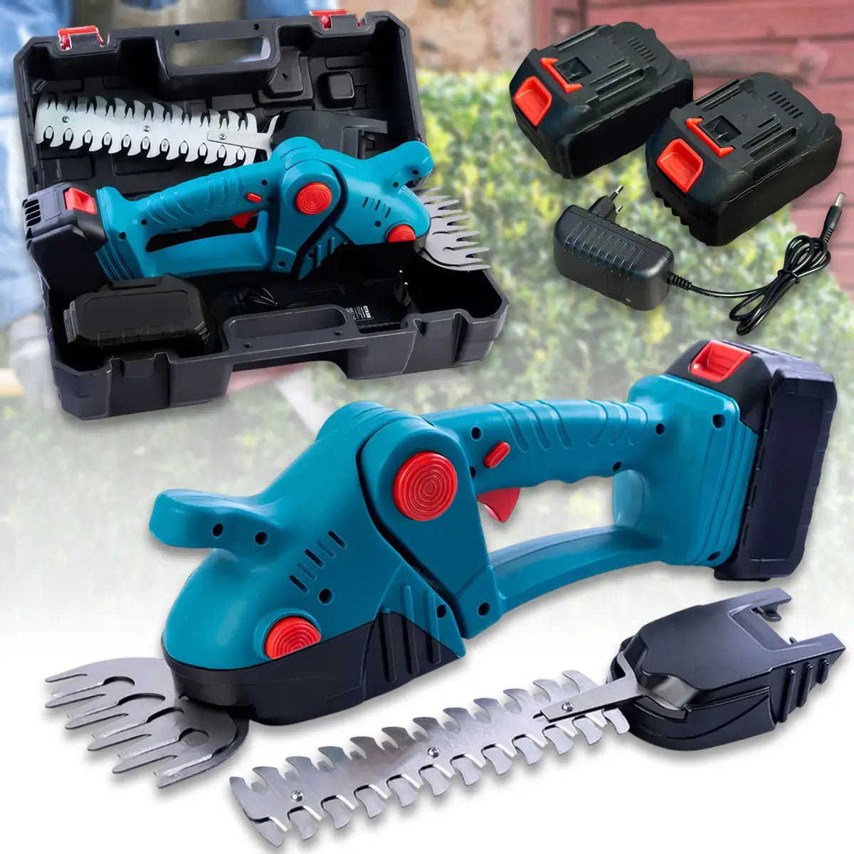 Foarfeca electrica 2 in 1 pentru gradina  cu 2 acumulatori de 36V pentru tuns iarba, gard viu sau arbusti