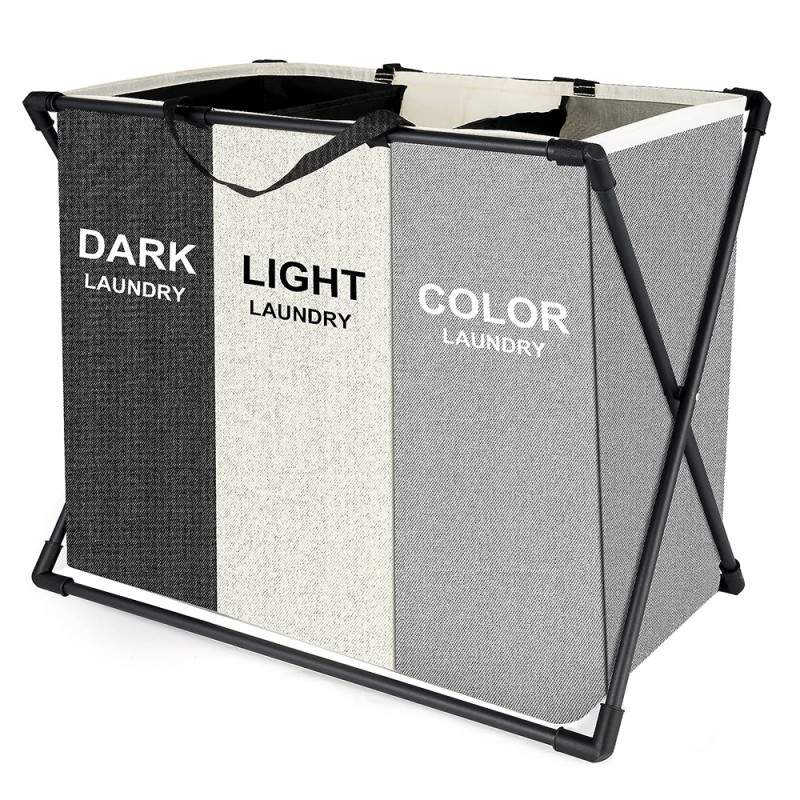 Cos de rufe murdare cu 3 compartimente, pliabil, pentru sortare si organizare haine la baie, material textil, cadru aluminiu, dimensiuni 62 x 34 x 56 cm