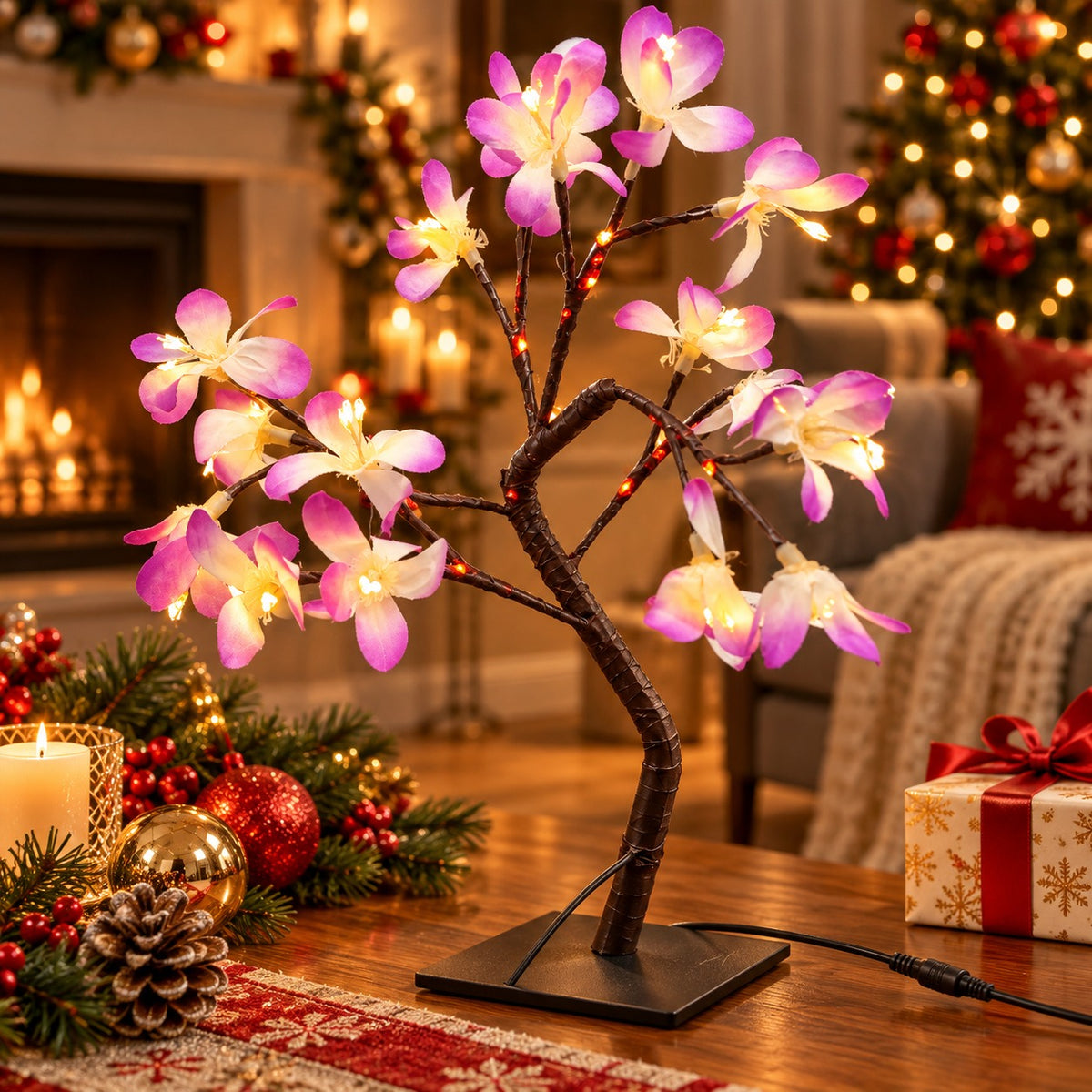 Pom Decorativ LED cu Flori, Ramuri Flexibile, Timer și Alimentare USB/Baterii – 44 cm - detaliu produs
