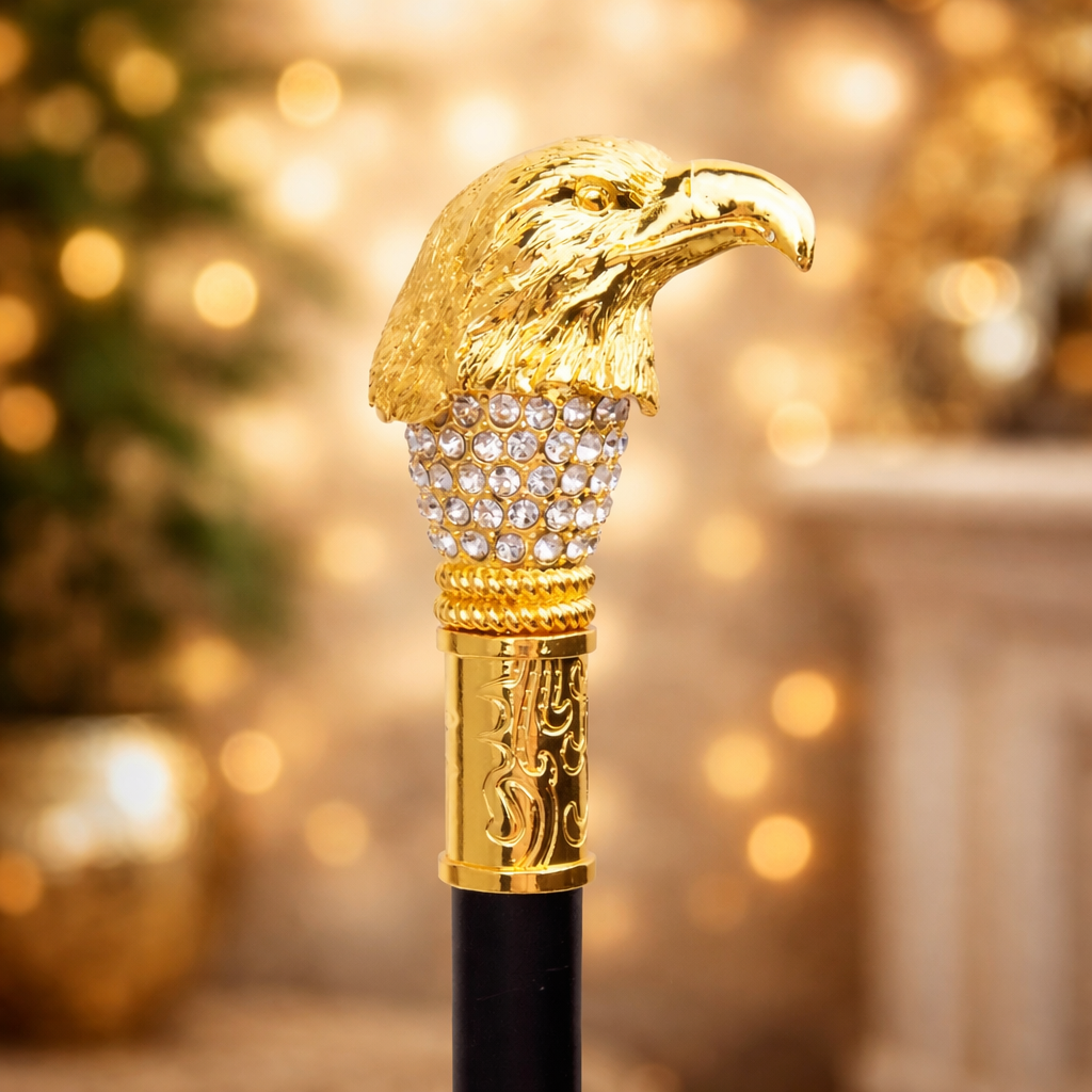 Baston de mers la moda cu cap de vultur alb auriu, 90 CM
