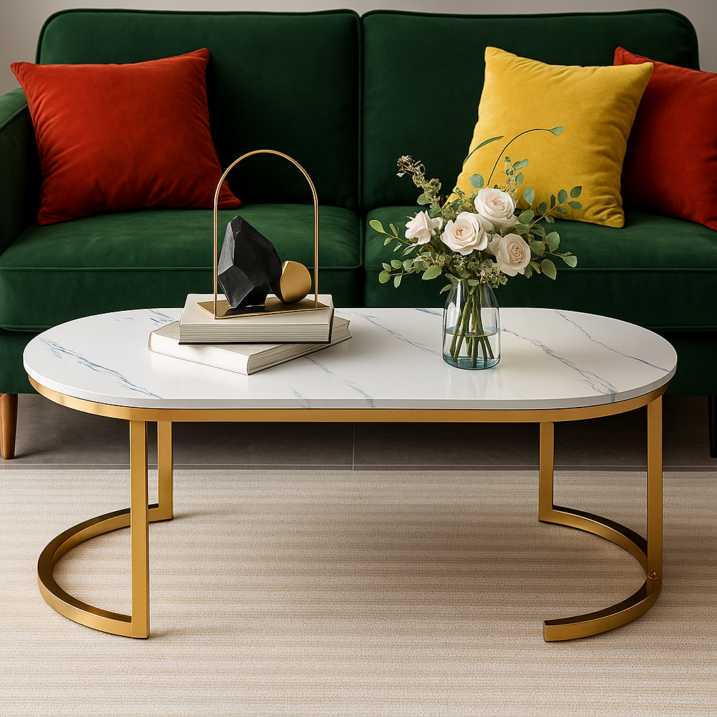 Masuta de cafea ovala, minimalista, design nordic, aspect marmura alba, 120 x 60 x 45 cm