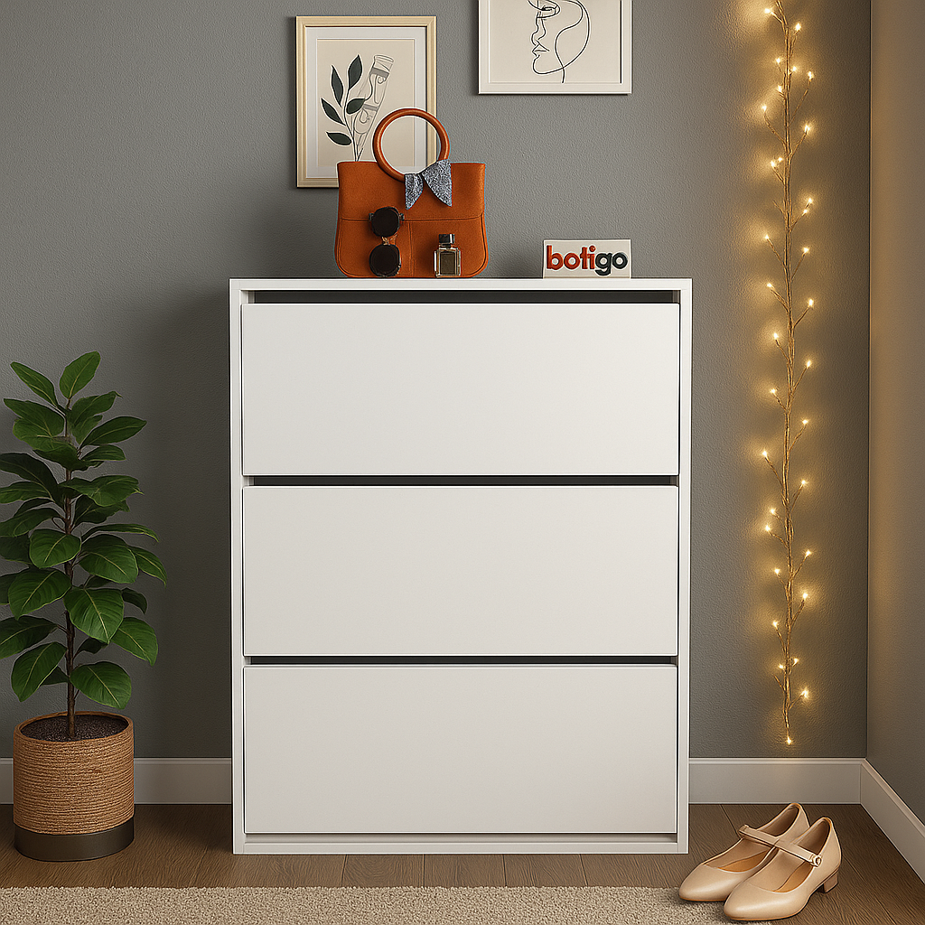 Pantofar cu usa rabatabila si rafturi glisante, 3 compartimente, PAL melaminat de 18 mm, 110  x 73,5  x 22 cm