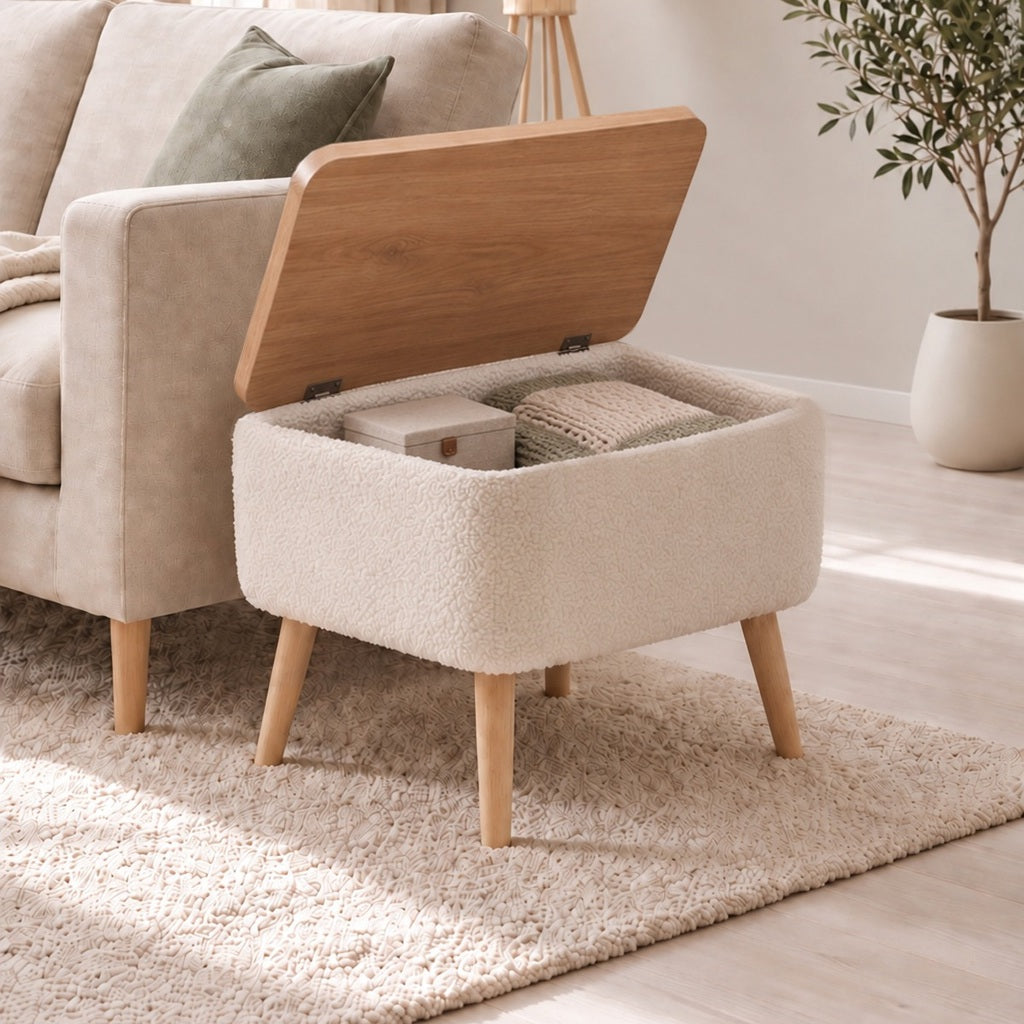 Masuta Auxiliara cu Depozitare Tapitata Boucle Alb-Crem 60x30x45 cm Design Scandinav - detaliu produs