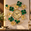 Ceas de Perete Decorativ Premium Floral, Design Auriu cu Verde, Fier, Mecanism Quartz, 60 cm