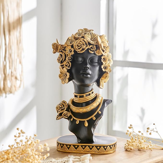 Statueta Africana Bust Negru Auriu Decorativ Raze Flori Trandafiri Luxury 35cm - detaliu produs