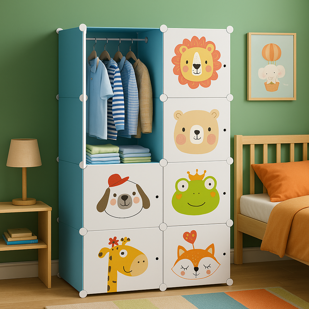 Dulap modular pentru copii, 8 rafturi, durabil, 76X37X147 cm, model cu animalute