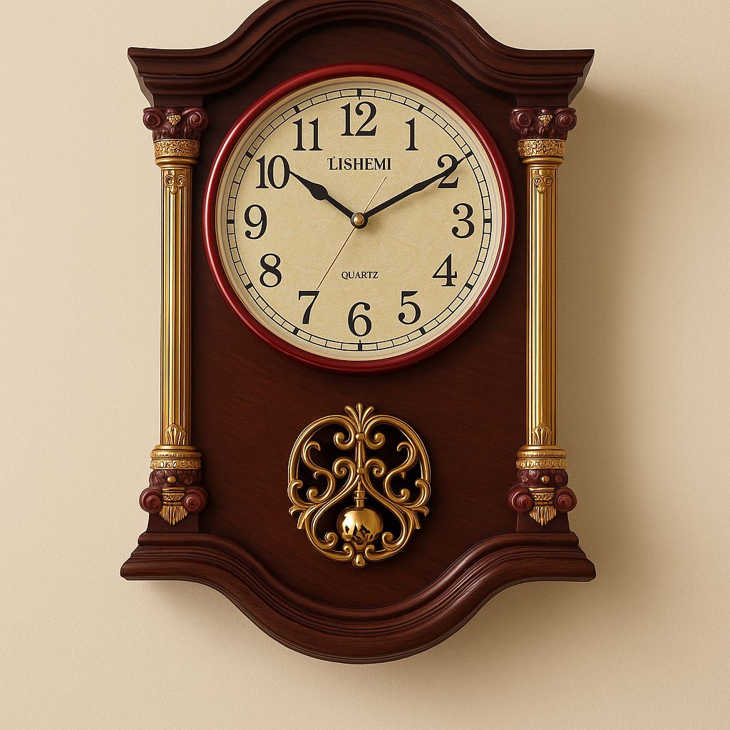 Ceas de perete maro cu decoratiuni aurii si pendula, stil somptuos, mecanism quartz, 60×40×10 cm