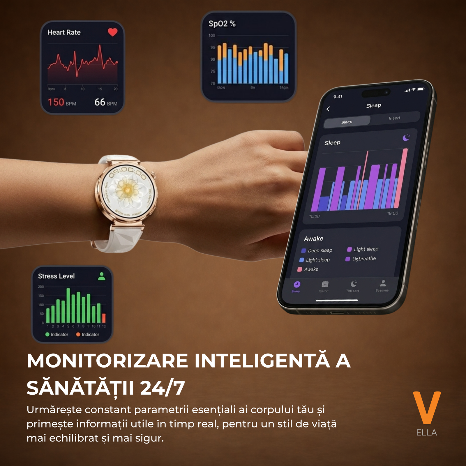 Ceas Smartwatch Dama ELLA Vivendo®, Ecran AMOLED 1.32", Fitness, Apel Bluetooth, Notificari Limba Romana, Asistent Vocal & ChatGPT AI, Incarcare Wireless, Rezistent Apa IP68, 2 Curele Incluse