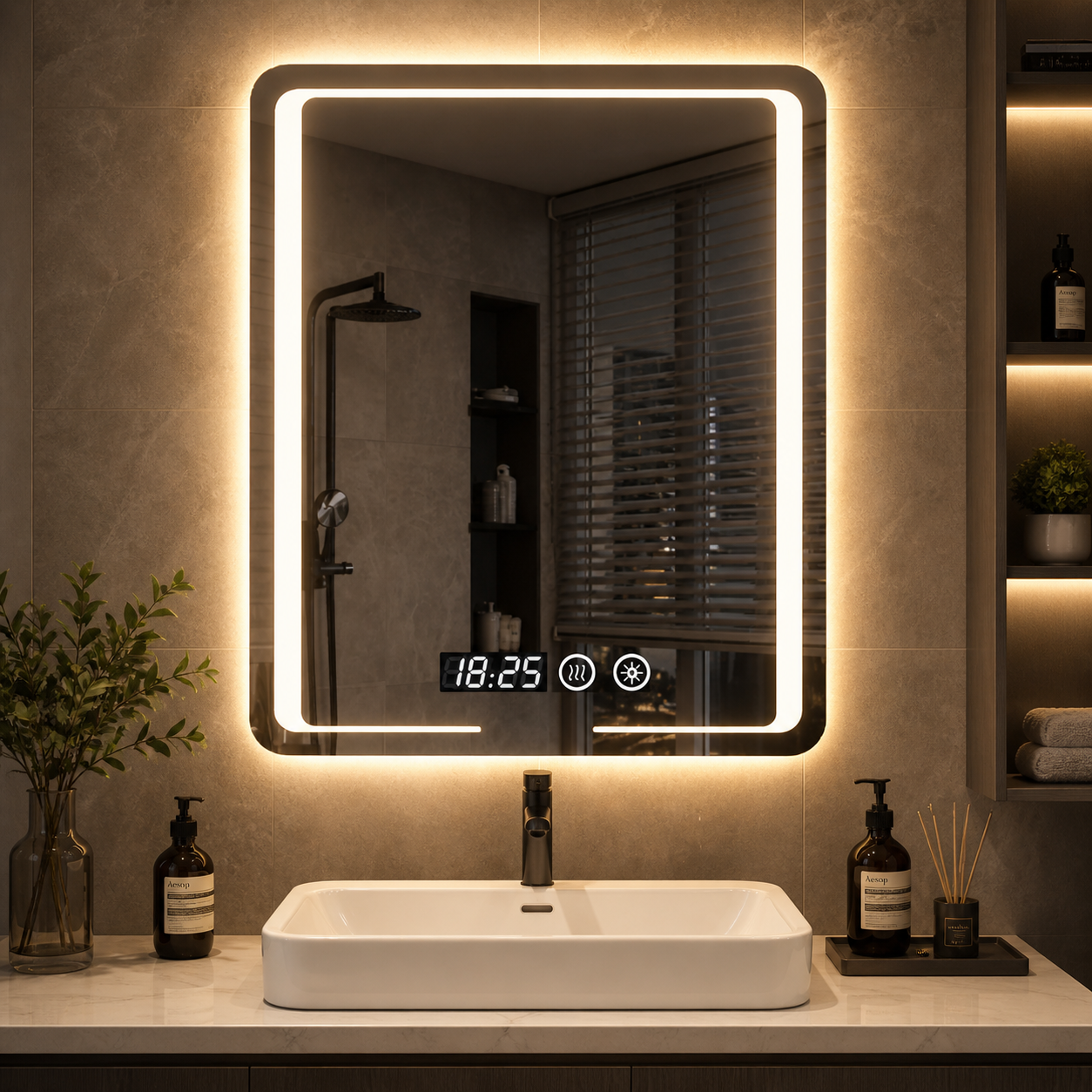 Oglinda led premium 80x60, cu touch, ceas, dezaburire si lumina reglabila