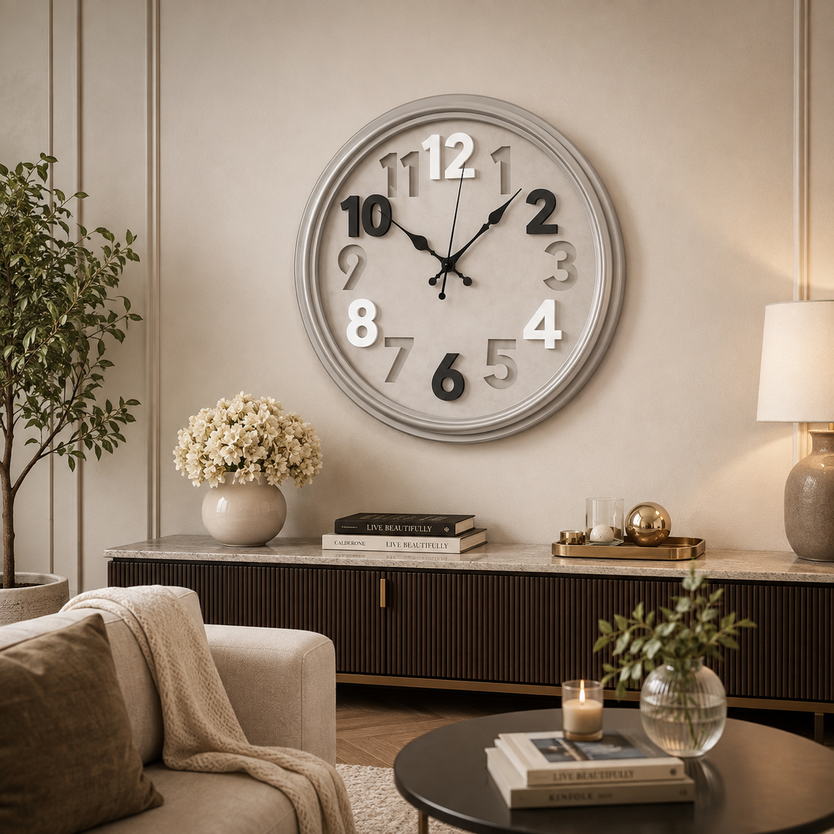 Ceas de Perete Modern Rotund Argintiu Cifre 3D 40cm Design Contemporan - detaliu produs
