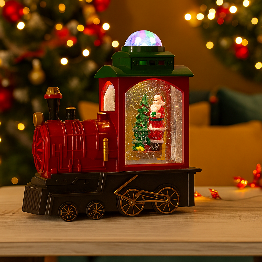 Tren locomotiva decorativa de Craciun cu Mos Craciun, bradut, efect ninsoare, lumini LED si functie muzicala