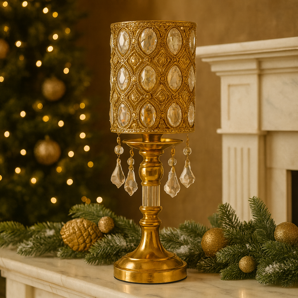 Candelabru decorativ auriu cu cristale, 40 cm. Metal finisat + cristale transparente