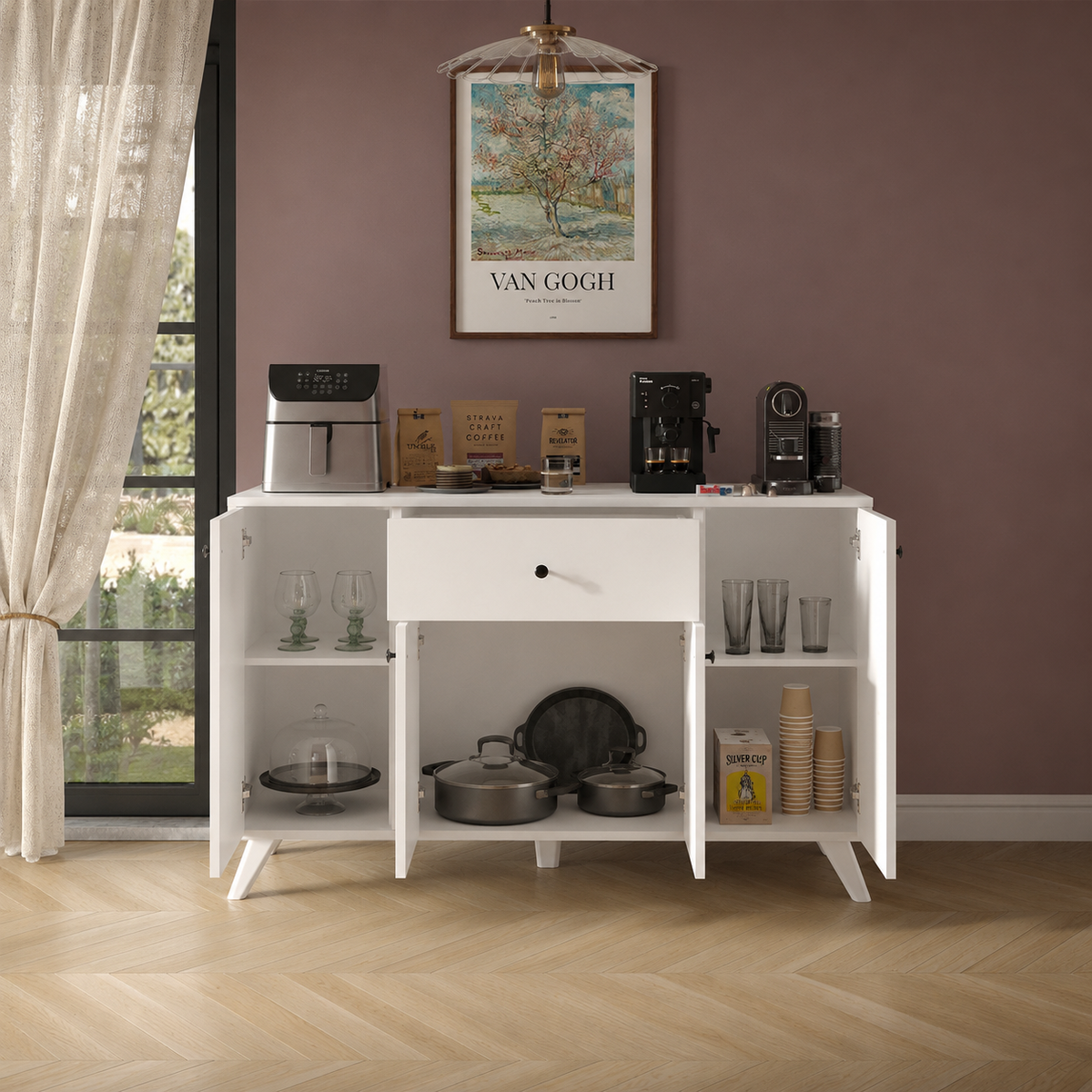 RESIGILAT - Dulap multifunctional 120x43,4x89 cm, cu 4 usi si sertare, pentru bucatarie, camara sau colt de cafea, alb