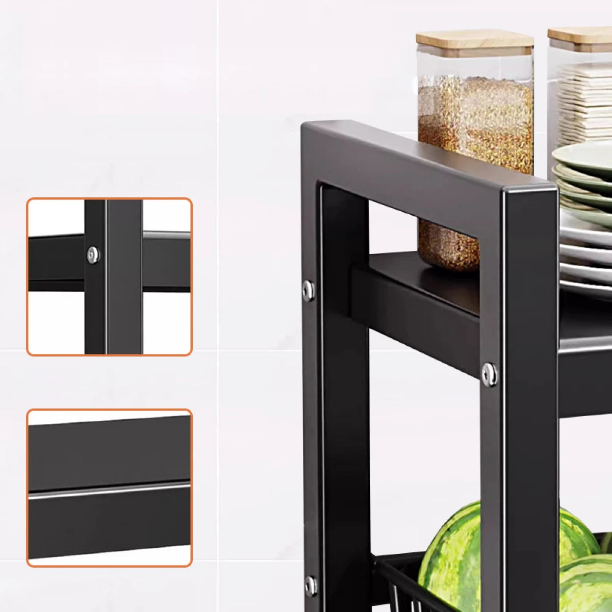 Raft metalic cu 4 polite si 3 cosuri pentru depozitare, portabil, 90  x 32  x 108  cm, negru