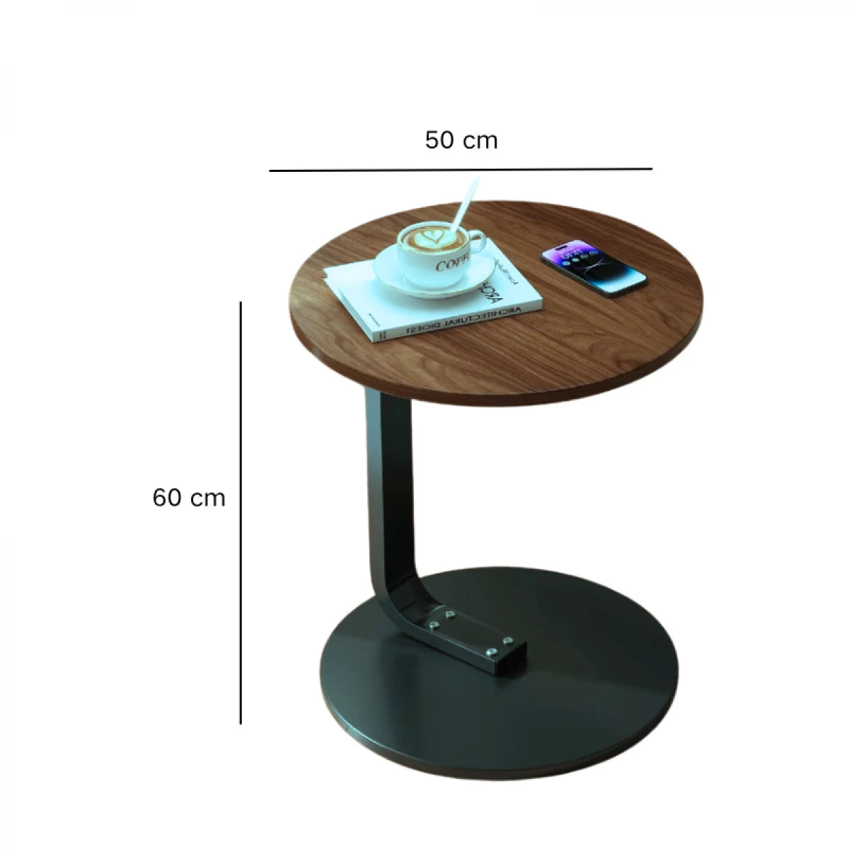 Masuta rotunda pentru cafea, MDF cu metal, 50 x 60 cm, maro cu negru