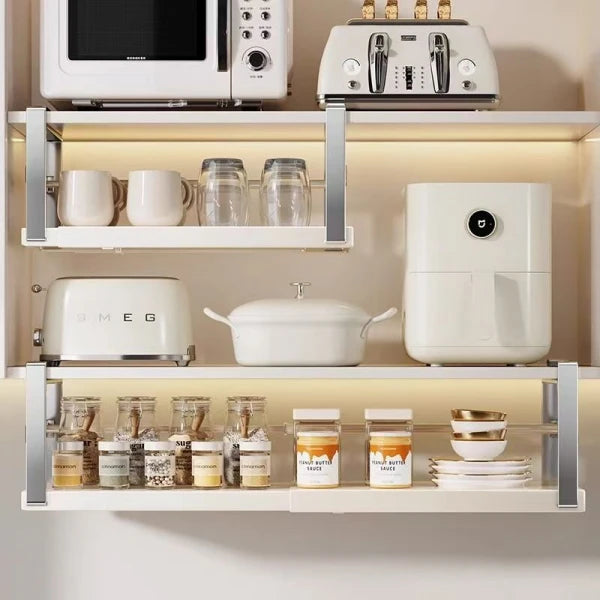 Raft suspendat pentru condimente – extensibil si rezistent,  45.5-62.5 x 22 x 16.5 cm, alb cu argintiu