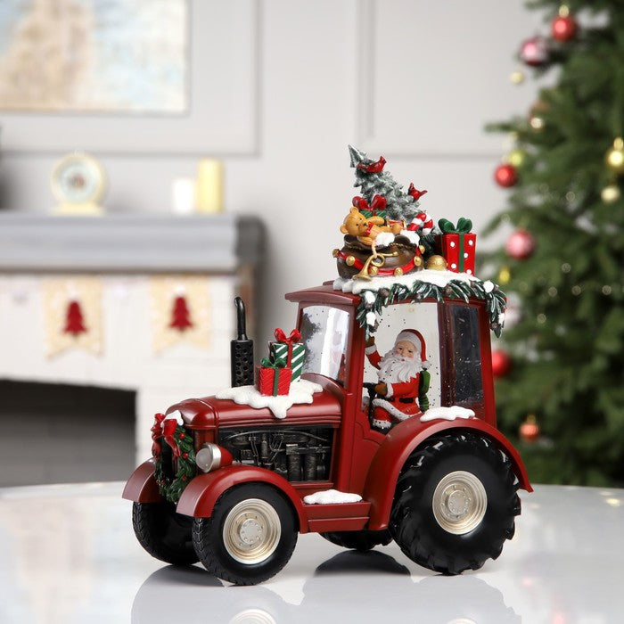 Decoratiune Craciun tip Tractor cu Mos Craciun ,brad si cadouri, functie muzicala, zapada in miscare, 25 × 13 × 21 cm