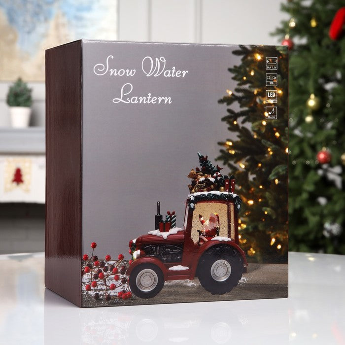 Decoratiune Craciun tip Tractor cu Mos Craciun ,brad si cadouri, functie muzicala, zapada in miscare, 25 × 13 × 21 cm