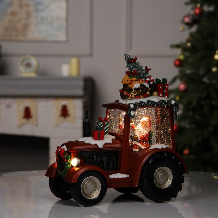 Decoratiune Craciun tip Tractor cu Mos Craciun ,brad si cadouri, functie muzicala, zapada in miscare, 25 × 13 × 21 cm
