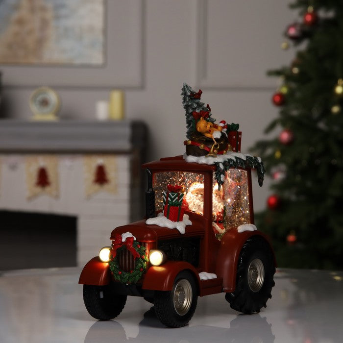 Decoratiune Craciun tip Tractor cu Mos Craciun ,brad si cadouri, functie muzicala, zapada in miscare, 25 × 13 × 21 cm