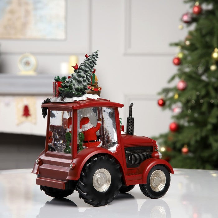 Decoratiune Craciun tip Tractor cu Mos Craciun ,brad si cadouri, functie muzicala, zapada in miscare, 25 × 13 × 21 cm