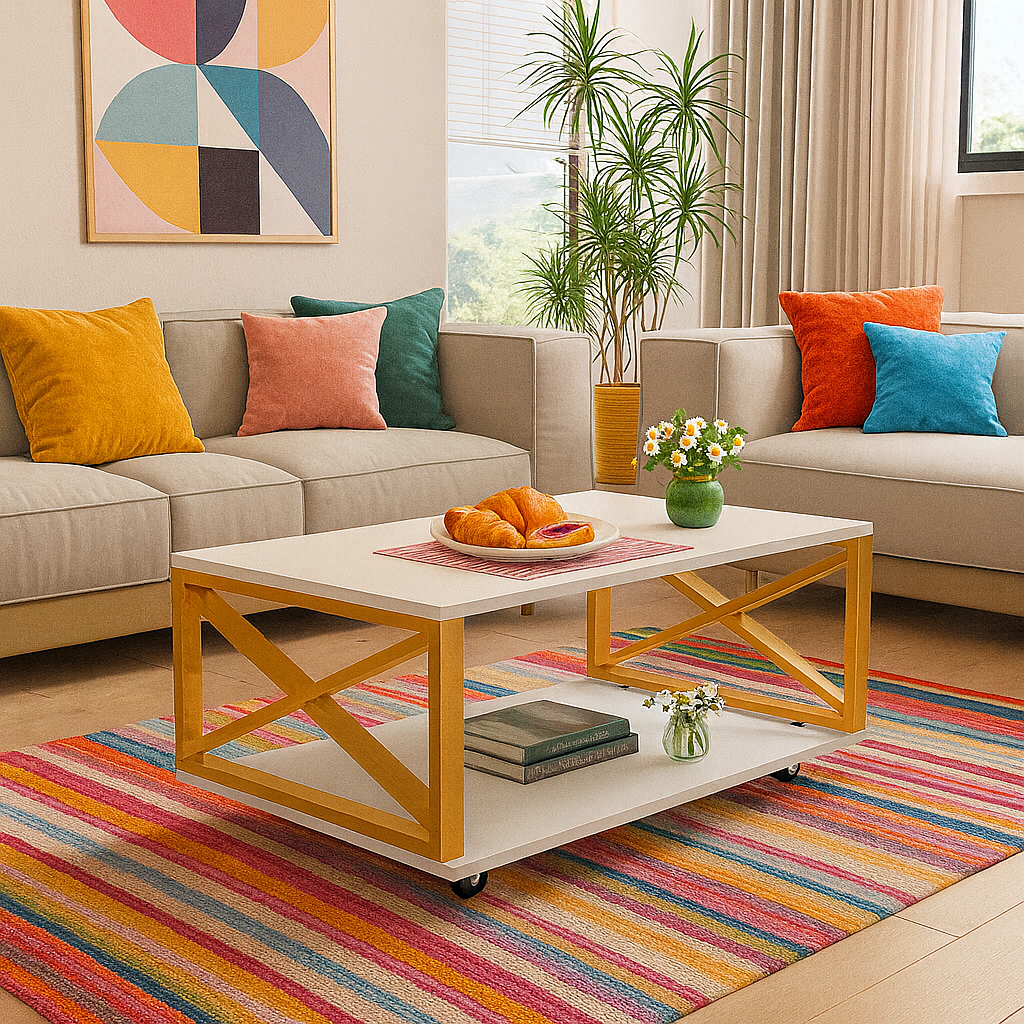 Masuta de cafea moderna, cu blat melaminat alb si cadru metalic, cu roti si spatiu de depozitare,  98 x 60 x 33.6 cm