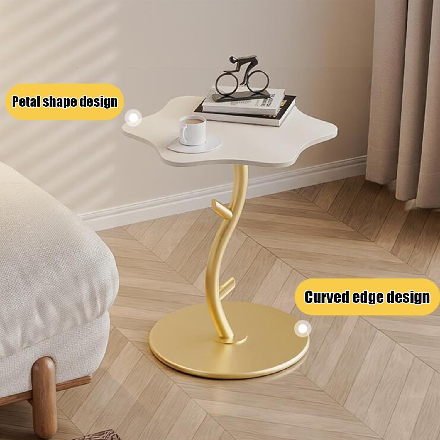 Masuta decorativa moderna, design petala, blat curbat, suport metalic auriu 45 x 50 CM