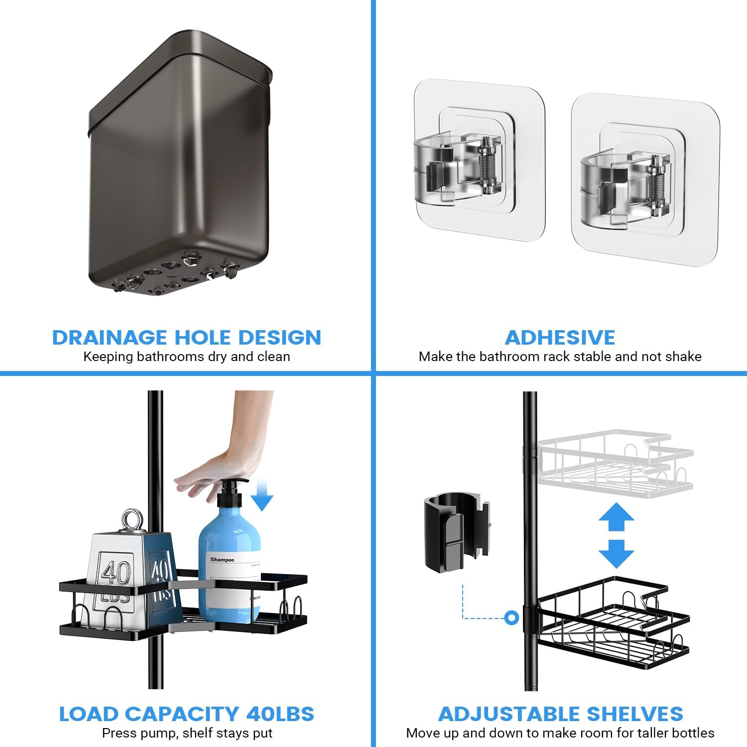 Etajeră metalică colț baie cu 4 rafturi – organizator extensibil vertical, fără găurire, 110-305 cm