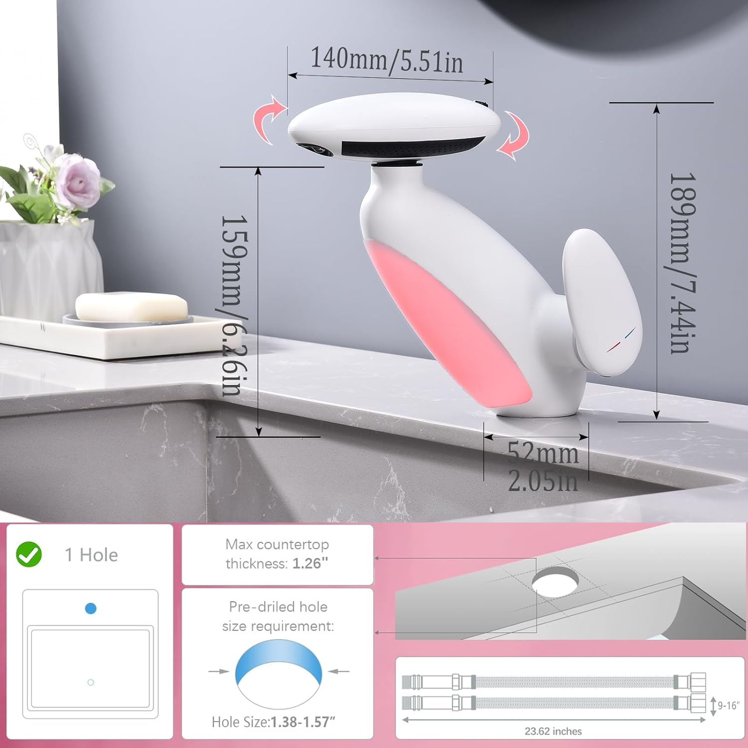 Baterie Chiuveta Baie Premium, 4 Tipuri de Jet, Cap Retractabil, Iluminare LED, Control Inteligent al Apei, Cartus Ceramic