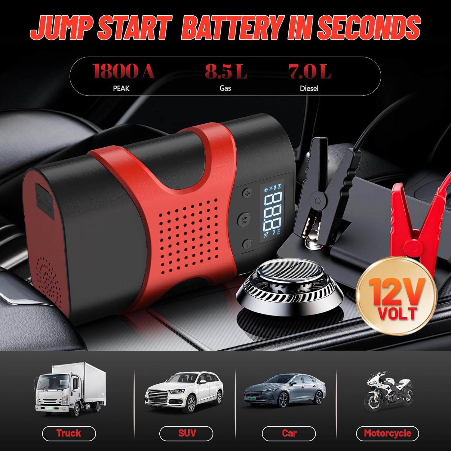 Starter auto multifunctional, portabil, 12000mAh powerbank, cu compresor, USB, afisaj LCD, lanterna, pornire auto
